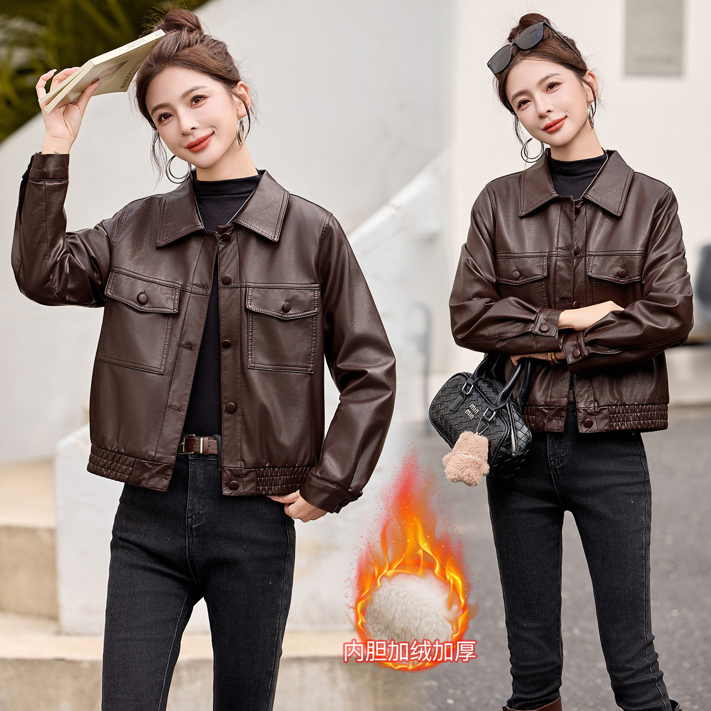 安可拉红加绒皮衣外套女短款polo领韩版气质减龄小个子机车服,女装皮衣,吾爱衣