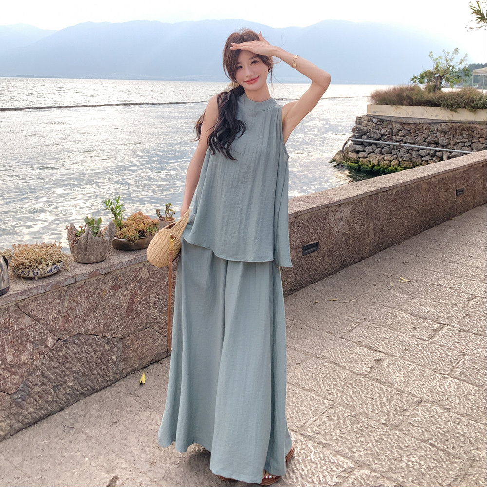 休闲时尚灰色挂脖上衣阔腿裤套装女夏2025新款两件套绝美俏皮流行,女装套装/套裙,2C271