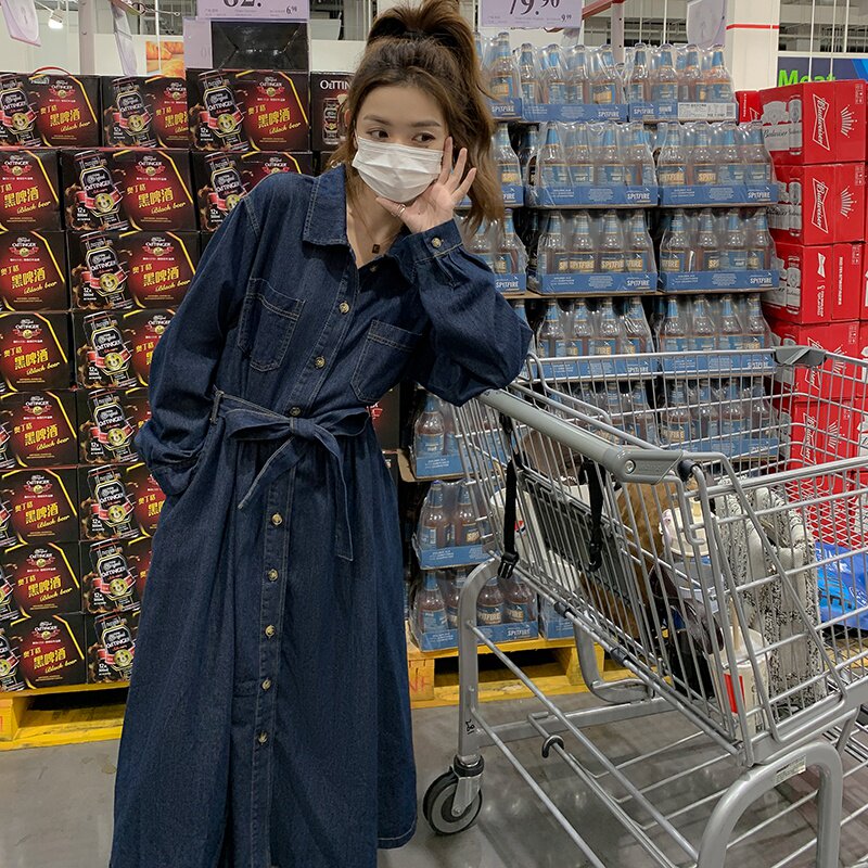 法式复古牛仔连衣裙女长裙2023新款女装时髦洋气收腰工装衬衫长裙,女装连衣裙,2D043