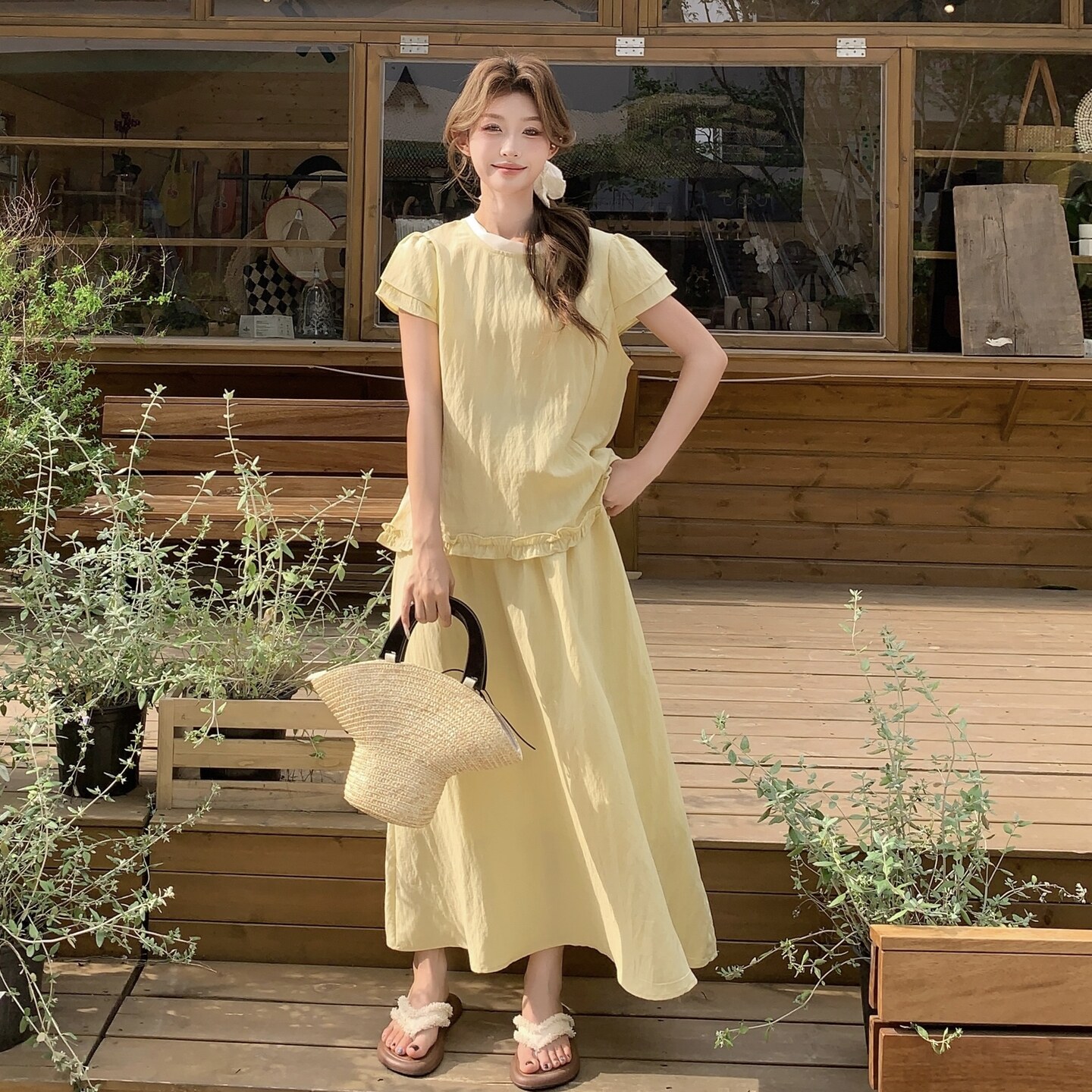 韩系减龄木耳边系带上衣半身裙套装女2025夏新款高级感甜美两件套,女装套装/套裙,2C109