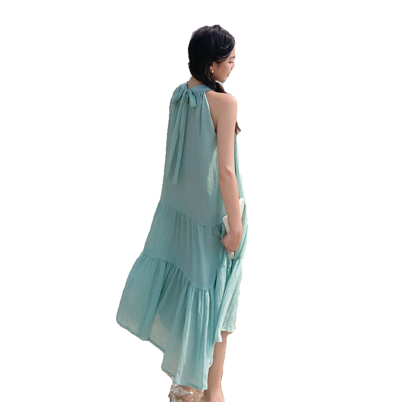 绿色无袖挂脖连衣裙女2025夏季新款法式气质高级感海边度假风长裙,女装连衣裙,2C177