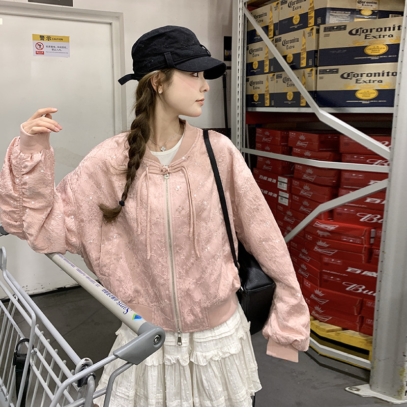 甜酷风亮片点缀双头拉链国风盘扣结合棒球服女2025新早秋流行穿搭图片