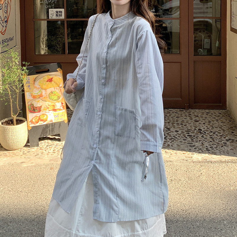 文艺风蓝色衬衫连衣裙叠穿半裙女2025春秋松弛感超火好看长裙套装,女装套装/套裙,2C068