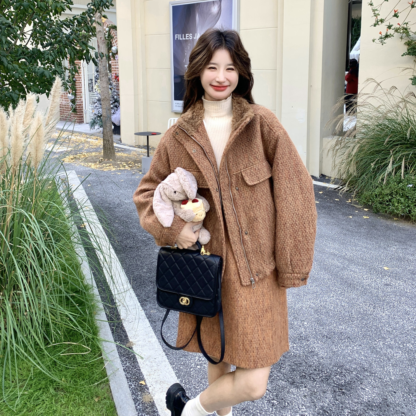 美拉德风毛呢羽绒套装女冬季2026新款高级感穿搭高腰半身裙两件套,女装套装/套裙,2C166