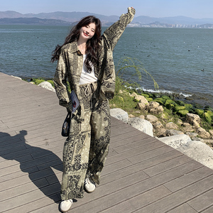 老钱风时尚印花防晒套装女春秋2025款韩系独特好看垂感衬衫阔腿裤图片