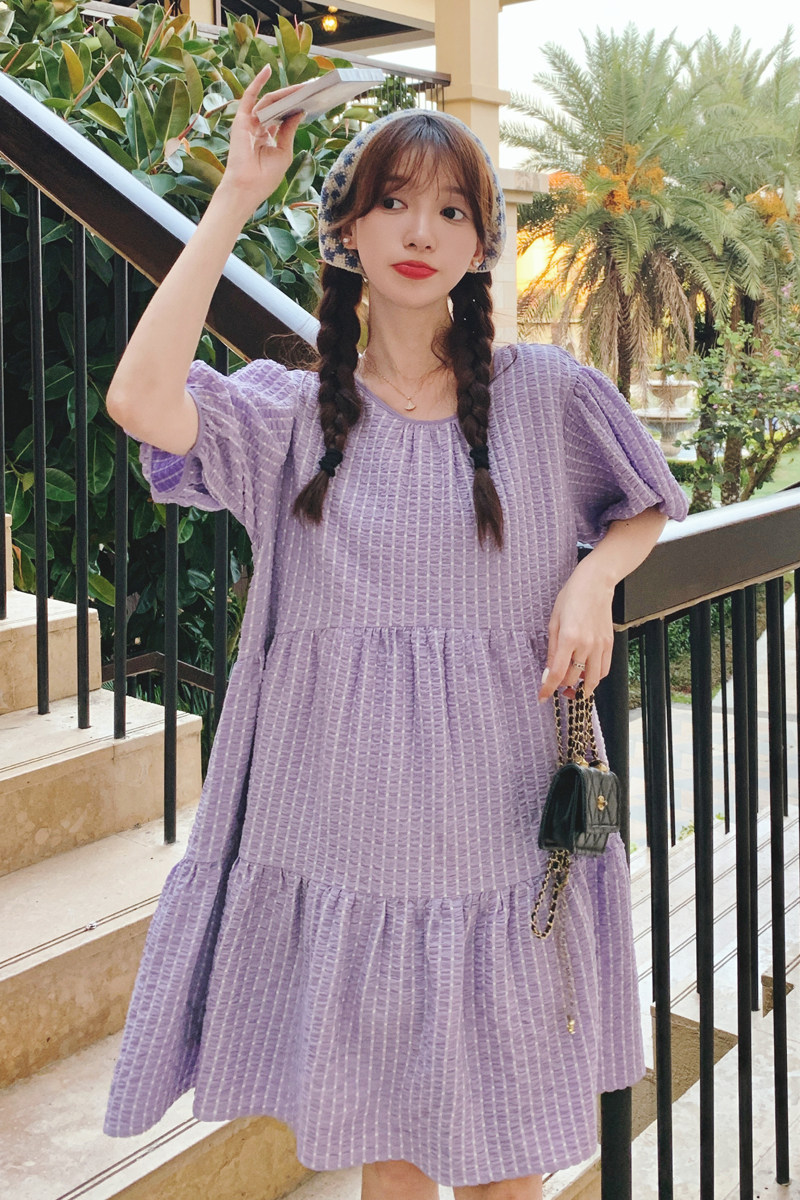 【新款】2026夏紫色泡泡格小个子娃娃裙X4-P115K168,女装连衣裙,2C069