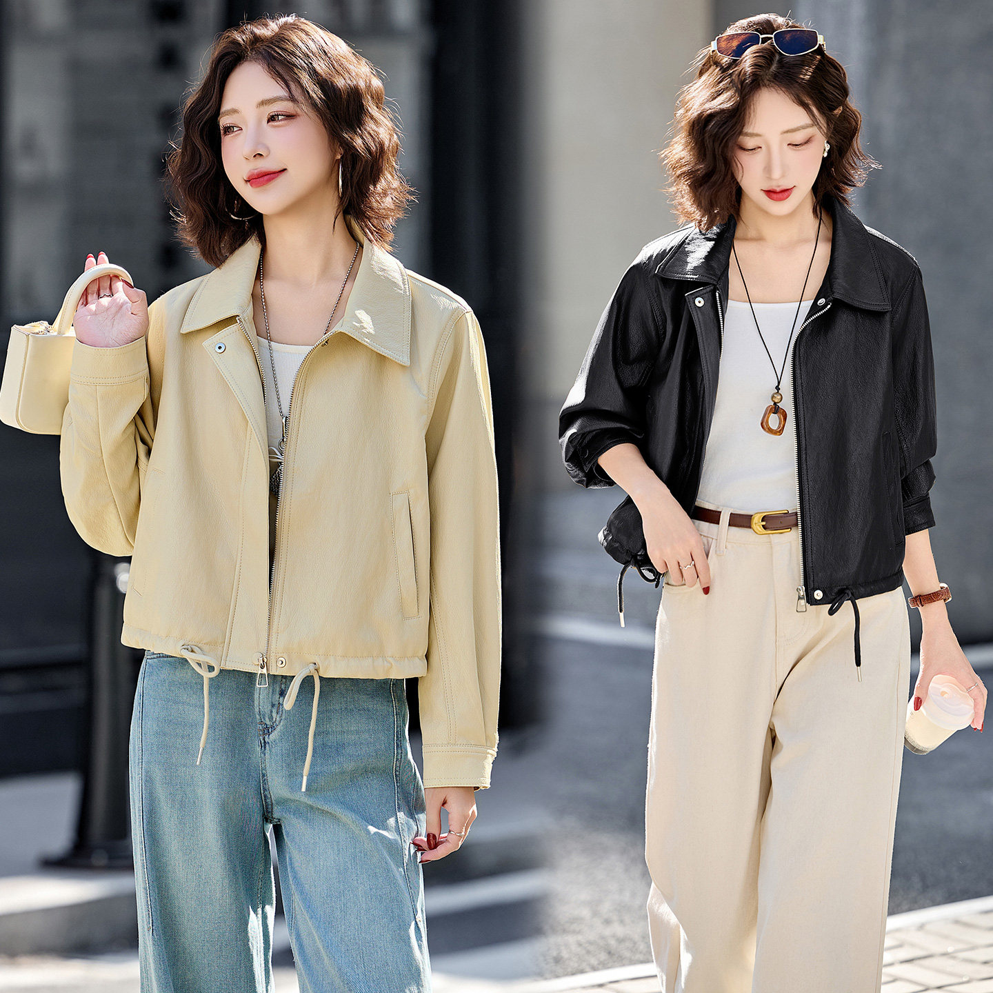 2026春季新款现货复古机车风美拉德短款皮衣外套小个子PU皮夹克,女装短外套,英标秀（1C119）