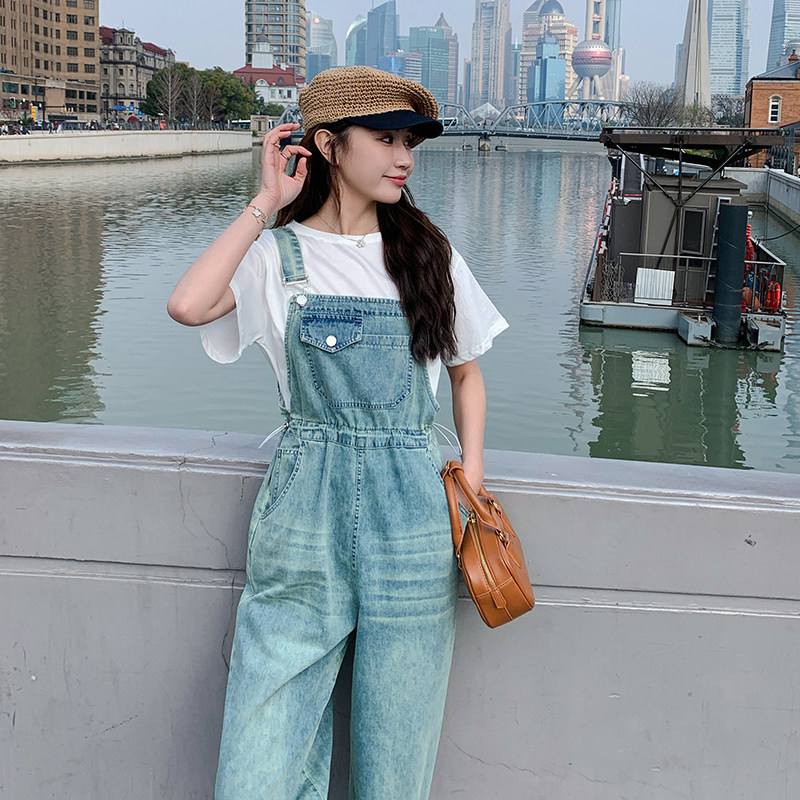 韩版学院风复古牛仔背带裤女2025夏季新款高腰显瘦减龄直筒连体裤,女装连体裤,2C087