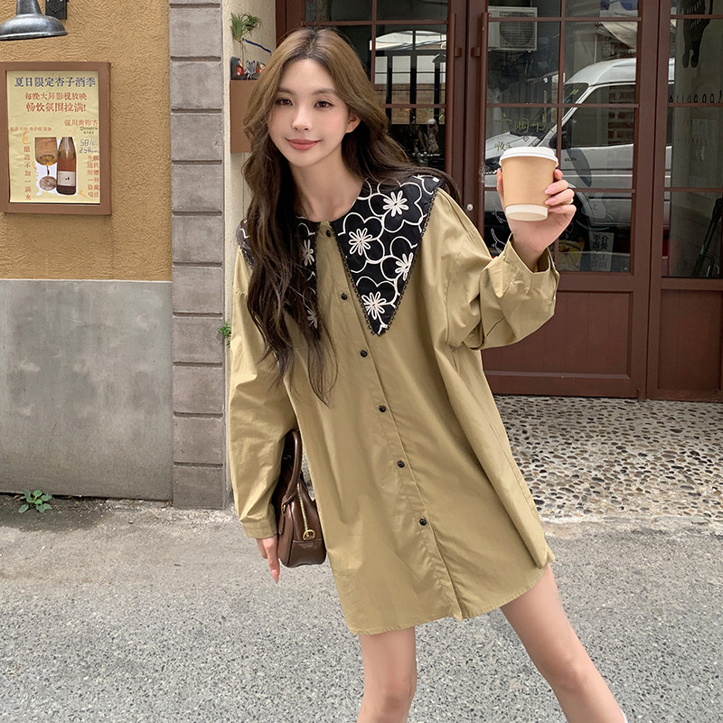 卡其色披肩印花连衣裙春秋女2025新款俏皮减龄小个子短款衬衫裙,女装套装/套裙,2C057