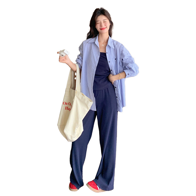 【新品现货】时尚休闲格纹衬衫吊带休闲裤三件套528-P175-K258,女装套装/套裙,2C126