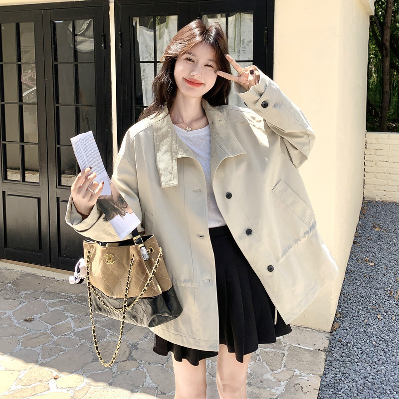 韩系2025秋季新款宽松休闲百搭显瘦立领单排扣收腰长袖外套女图片