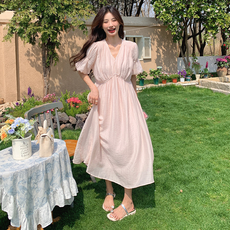 粉色初恋连衣裙夏季女2024新款温柔风超好看甜美宽松中长款仙女裙,女装连衣裙,2C113