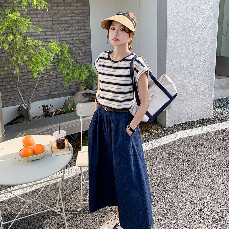盐甜系条纹上衣牛仔半身裙两件套女2025年夏季新款高级感休闲套装,女装套装/套裙,2C166