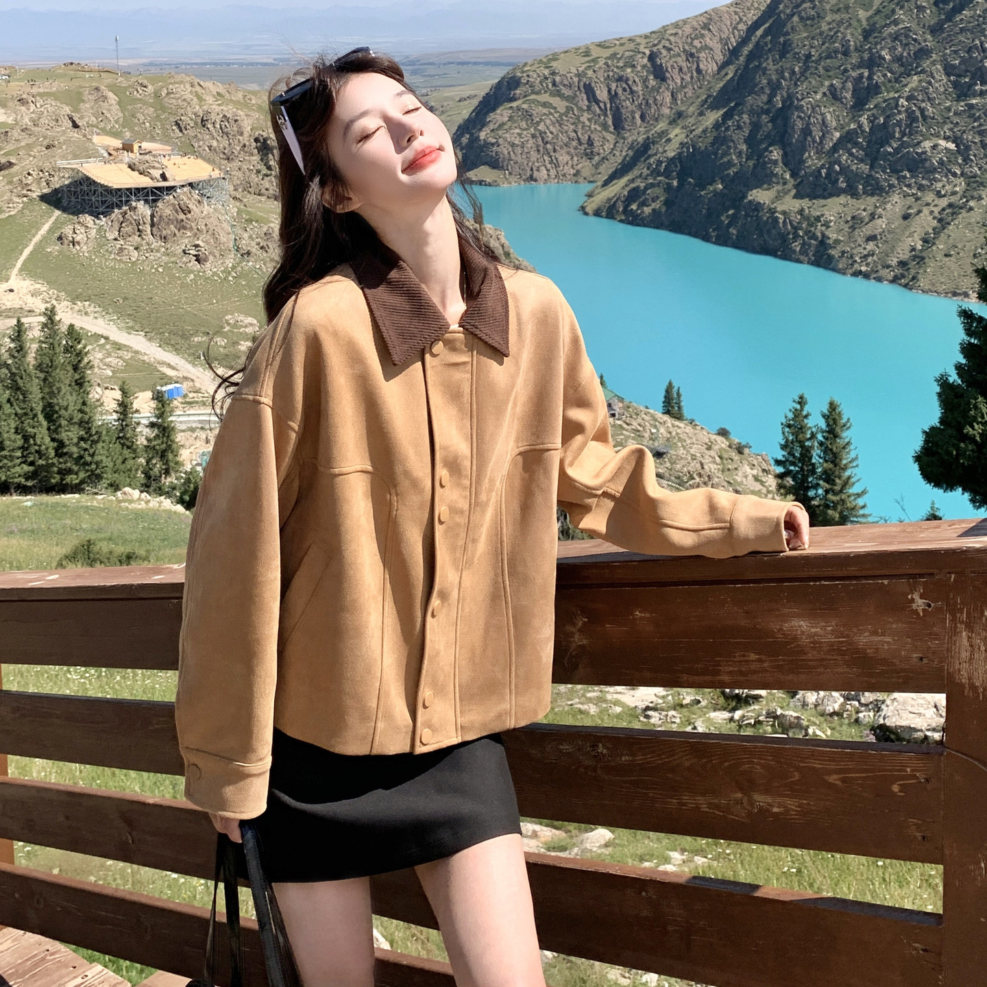 撞色翻领休闲卡其色外套女2025秋季新款显瘦小个子大衣流行巨好看,女装短外套,2C177
