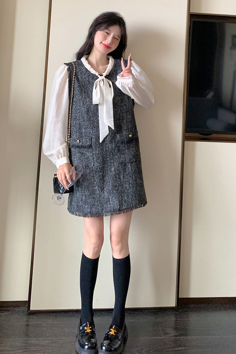 灰色飘带假两件小香风连衣裙套装女春秋减龄气质流苏背心裙,女装连衣裙,2C166