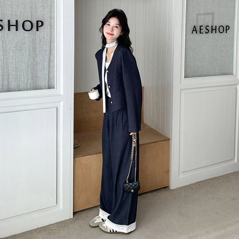 蕾丝拼接灰蓝色西装套装女春季流行韩风一整套ootd穿搭西服两件套,女装套装/套裙,2C203