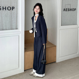 蕾丝拼接灰蓝色西装套装女春季流行韩风一整套ootd穿搭西服两件套，女装套装/套裙，2C203