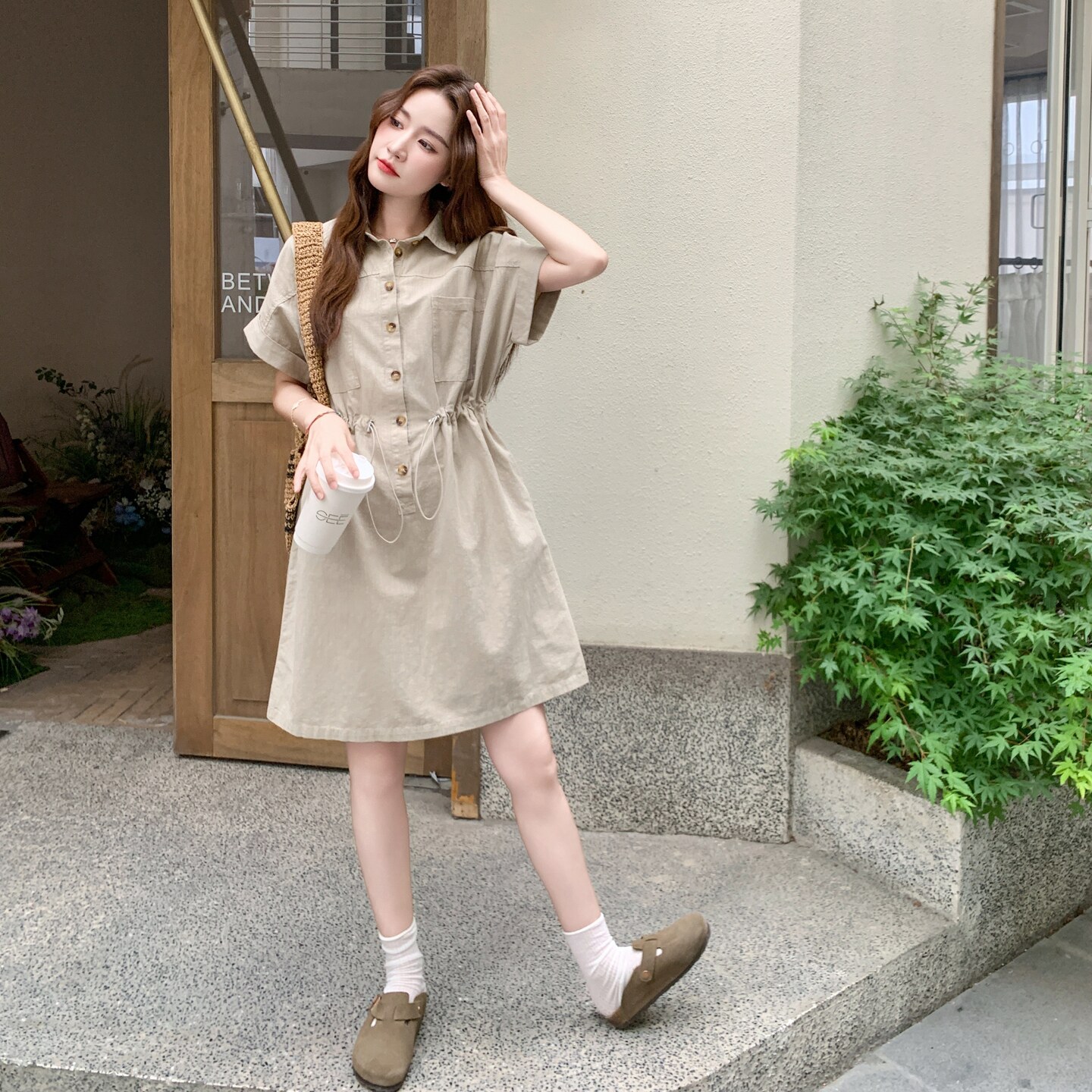 衬衫收腰短袖连衣裙女2025年夏季新款时尚抽绳酷飒风休闲工装薄款,女装连衣裙,2C258