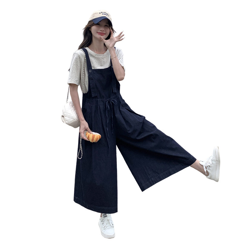 深蓝色小个子工装牛仔背带裤女夏季新款学院风减龄休闲连体阔腿裤,女装休闲裤,2C085