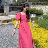 玫粉色方领连衣裙夏女2024新款法式复古温柔泡泡袖显瘦长款A字裙，女装连衣裙，2C112