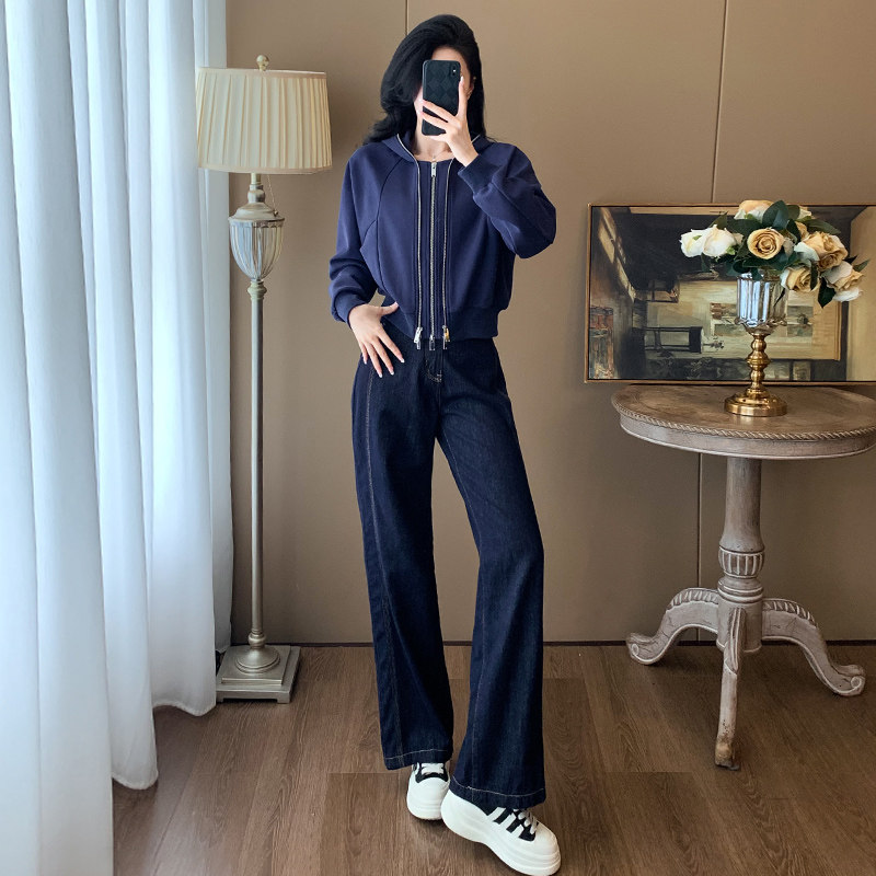 春秋洋气开衫连帽卫衣牛仔裤两件套,女装套装/套裙,2C310
