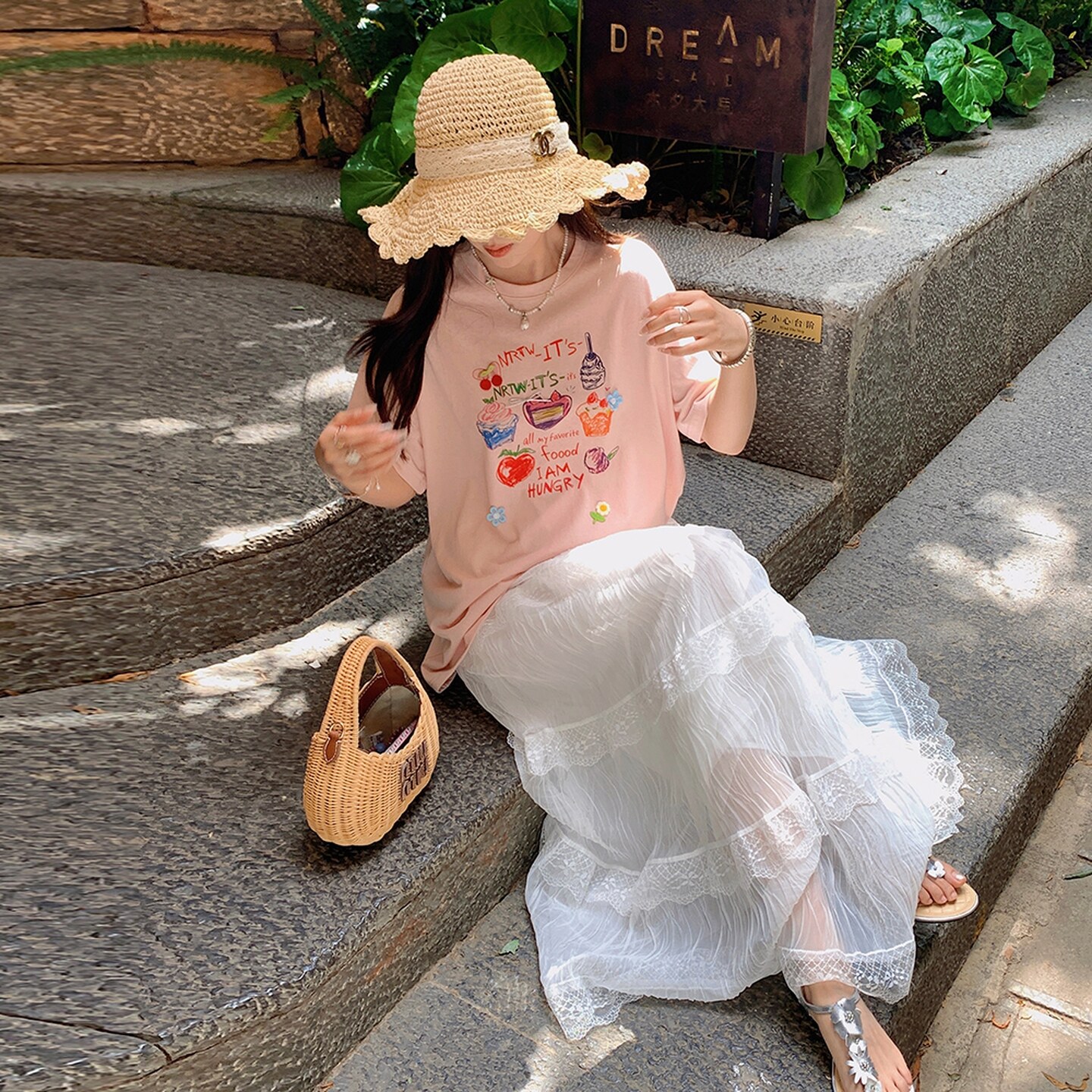时髦小众粉色印花短袖T恤半身裙两件套女宽松百搭上衣2025夏新款图片