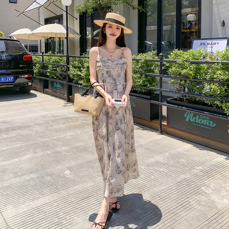 法式水墨印花气质吊带连衣裙女2025夏季新款韩版收腰显瘦复古长裙,女装连衣裙,2C222