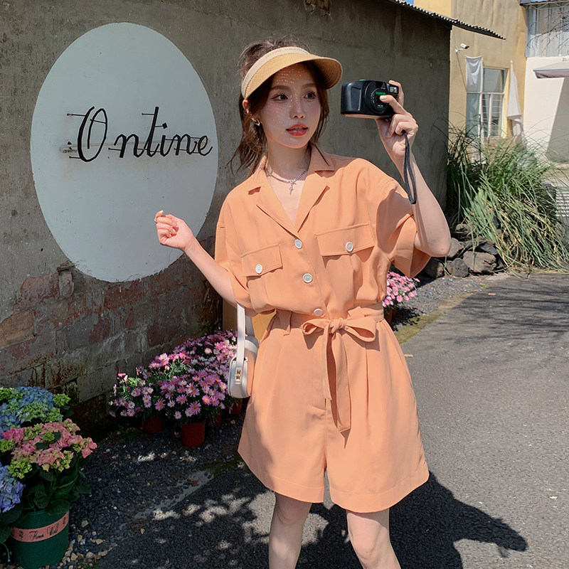橘粉色西装连体短裤女2023夏季新款法式设计感气质高级连衣裤,女装连体裤,2C120