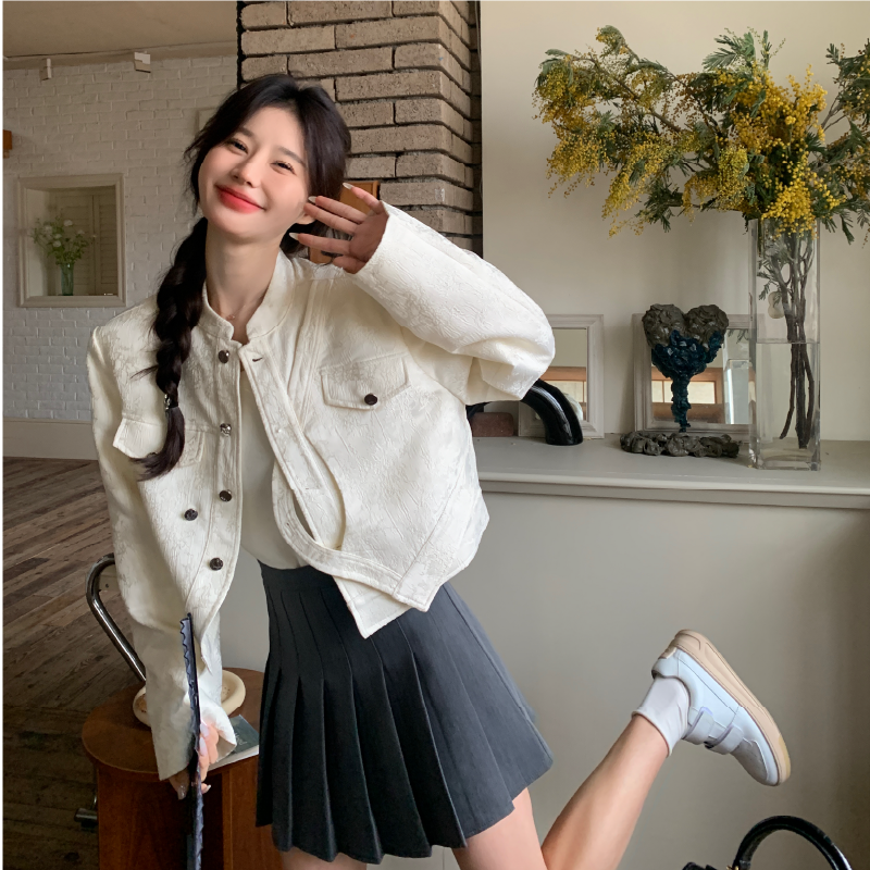 法式提花白色小香风短外套女春秋2025新款韩系小个子机车服爆款,女装短外套,2D146