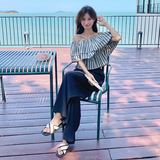 条纹吊带一字肩套装女夏2025年新款时尚洋气减龄穿搭阔腿裤两件套，女装套装/套裙，2C135