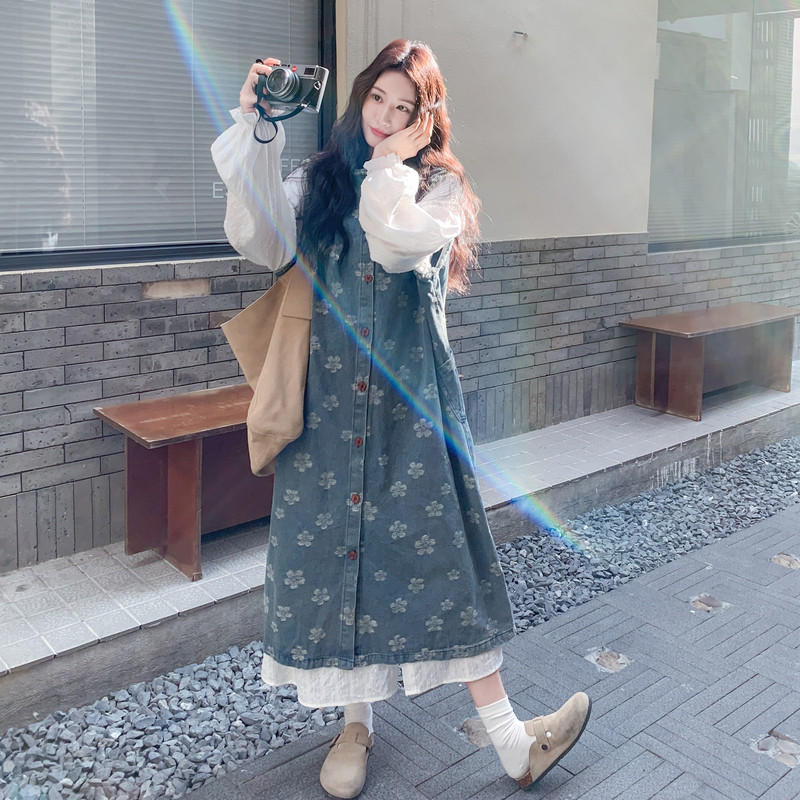 甜美温柔风连衣裙套装女设计感衬衣2025秋季新款印花背心裙两件套,女装连衣裙,2C275
