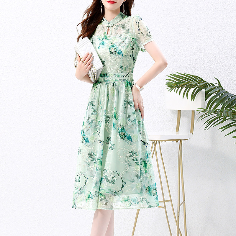 改良旗袍印花连衣裙女夏2023新款小个子修身显瘦气质别致绝美裙子,女装连衣裙,锦绣伊人