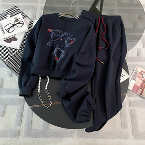 女春秋新款慵懒风深蓝色卫衣卫裤套装图片