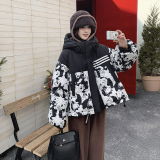 韩版连帽拼接印花短款羽绒服女2025年冬季新款显瘦加厚白鸭绒外套，女装羽绒服，2C112
