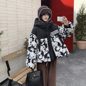 韩版连帽拼接印花短款羽绒服女2025年冬季新款显瘦加厚白鸭绒外套图片
