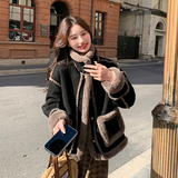 黑色皮毛一体羊羔毛外套女2024冬季新款韩版高级感小个子加厚棉衣，女装短外套，2C029