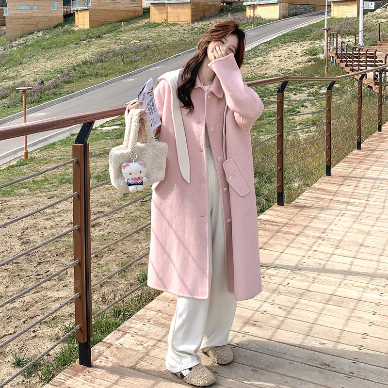 甜美风可脱卸兔耳朵连帽羊毛大衣女2025冬季气质氛围感双面呢外套,女装羊绒大衣,2C056