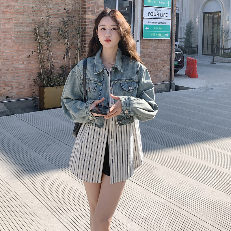【新款】牛仔拼接衬衣假两件春装外套2C353-8619-p140-k208,女装短外套,2C353