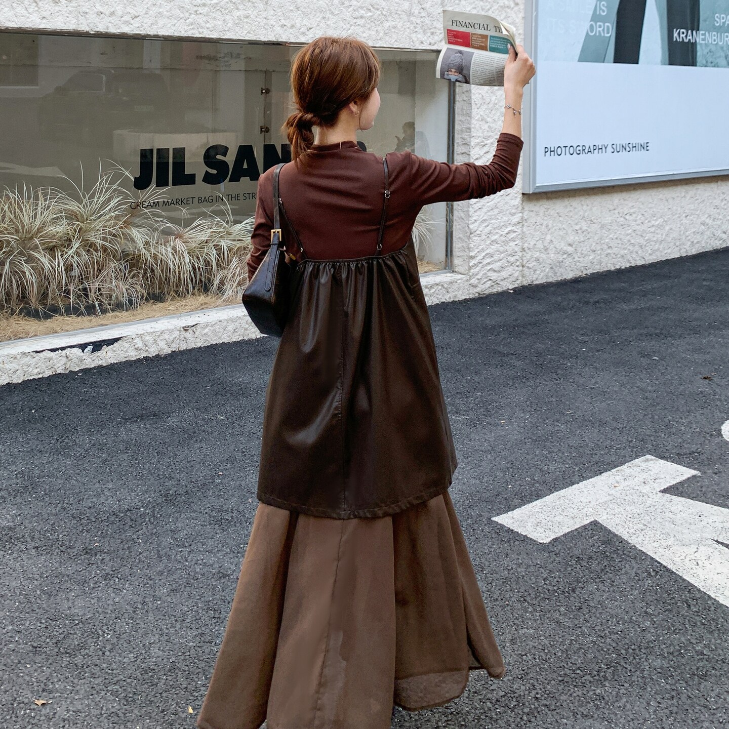 美拉德复古拼接PU皮吊带连衣裙两件套女2025秋新款气质显瘦打底衫,女装套装/套裙,2C113