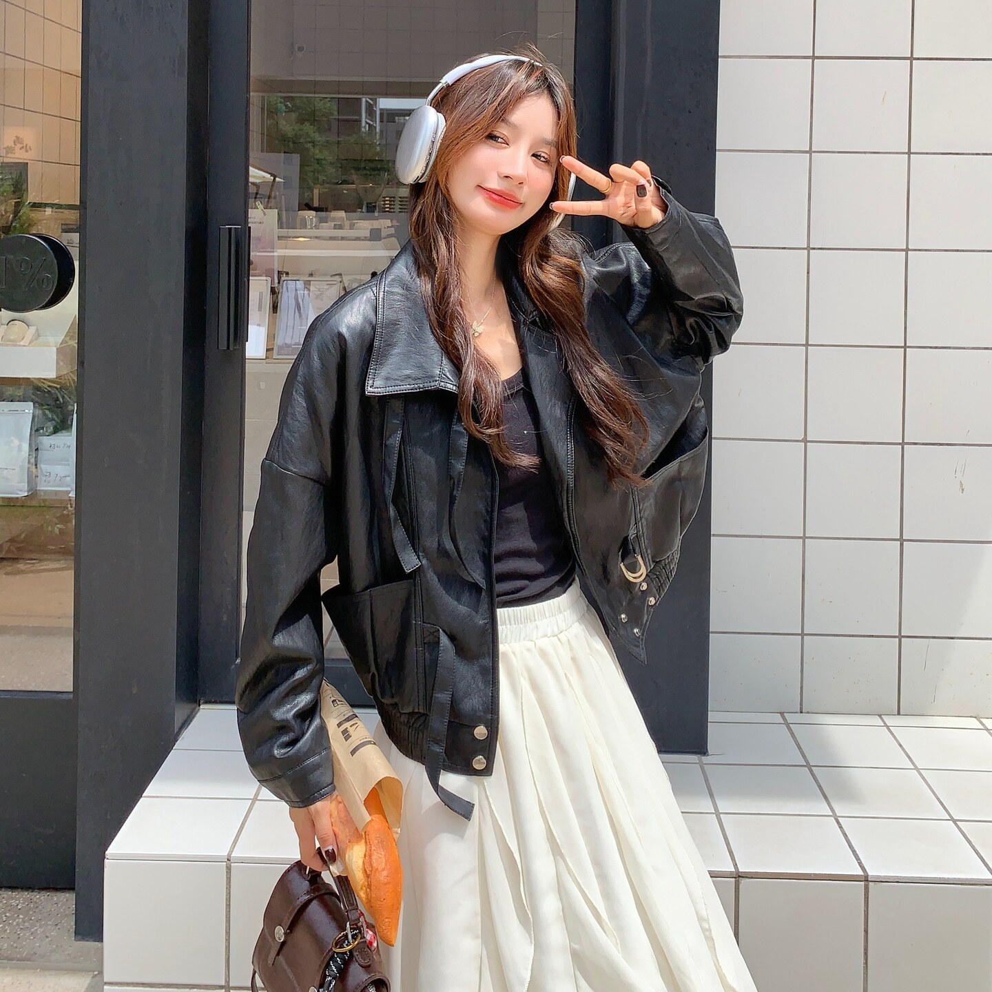 黑色盐系复古PU皮翻领外套女2025秋新款小个子韩版休闲炸街夹克图片