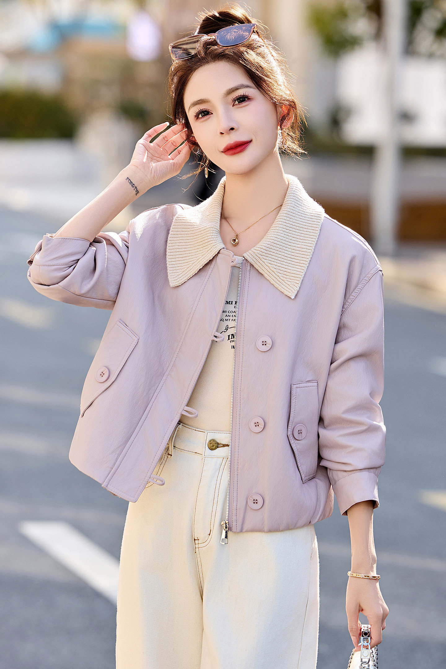 已出货春装新品可拆卸针织领皮衣外套女短款洋气减龄显瘦皮夹克,女装皮衣,吾爱衣
