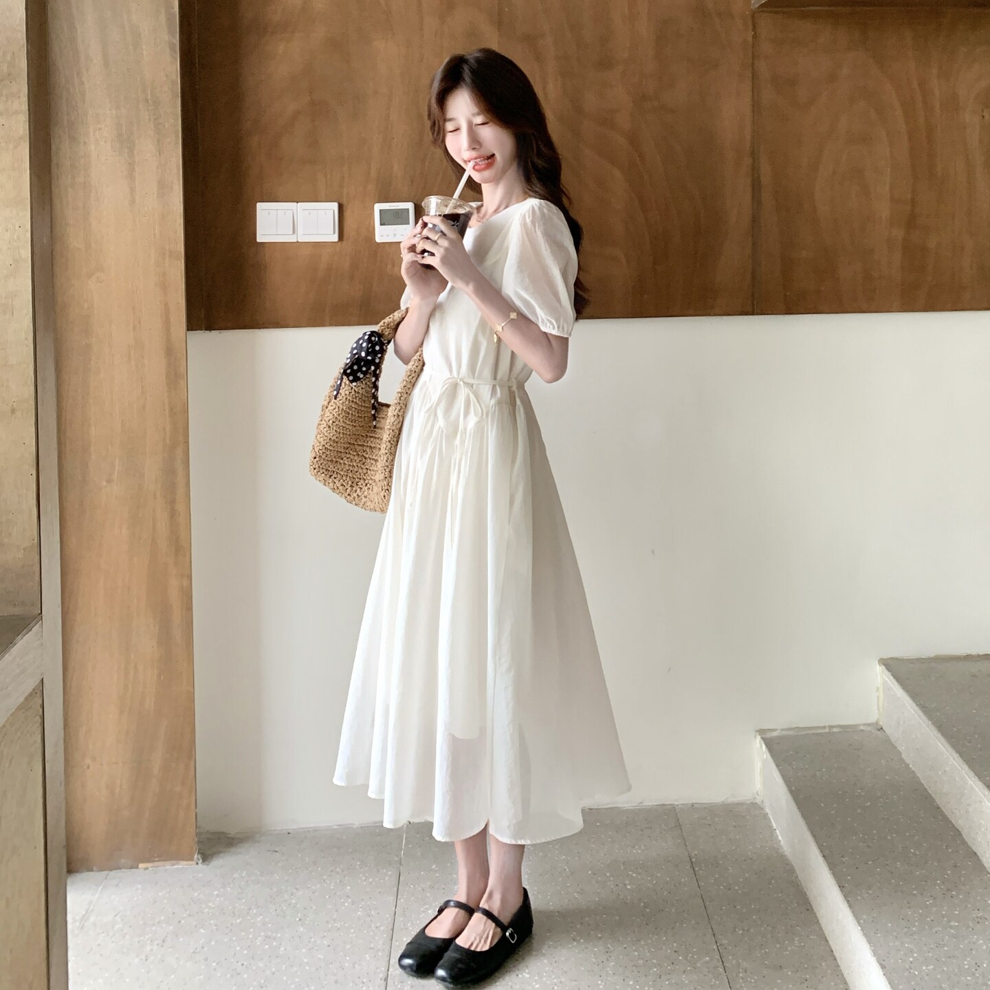 法式泡泡袖白色连衣裙女夏2025新款温柔风减龄气质显瘦巨好看长裙,女装连衣裙,2C166