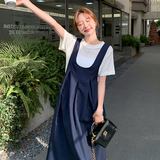 韩版学院风减龄连衣裙套装女2025夏季新款一整套T恤背带裙两件套，女装套装/套裙，2D043