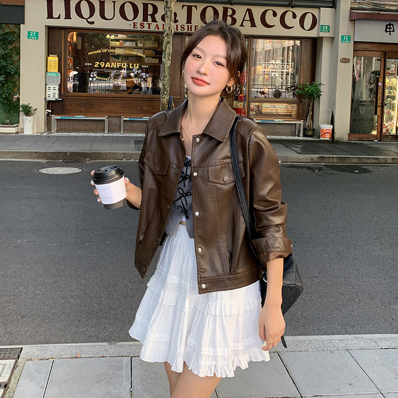 现货，女24短款皮衣春秋季小个子无外口袋外套,女装皮衣,安在秀
