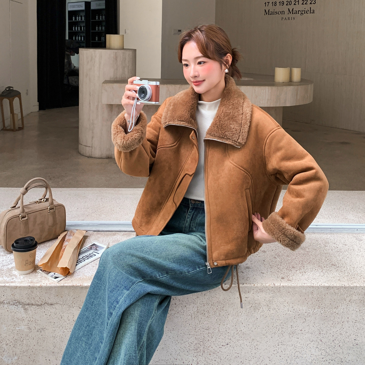 美拉德复古麂皮绒皮毛一体羊羔毛短款外套女秋冬2025新款气质棉服,女装派克服,2D044