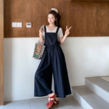 深蓝色慵懒风背带裤套装女2025夏季新款圆领短袖收腰连身裤两件套，女装套装/套裙，2C233