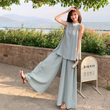 休闲时尚灰色挂脖上衣阔腿裤套装女夏2025新款两件套绝美俏皮流行，女装套装/套裙，2C271