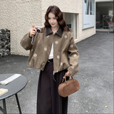 咖色短款皮领刺绣小香风外套2025新款女冬复古高级感休闲韩系夹克，女装毛呢外套，2C236