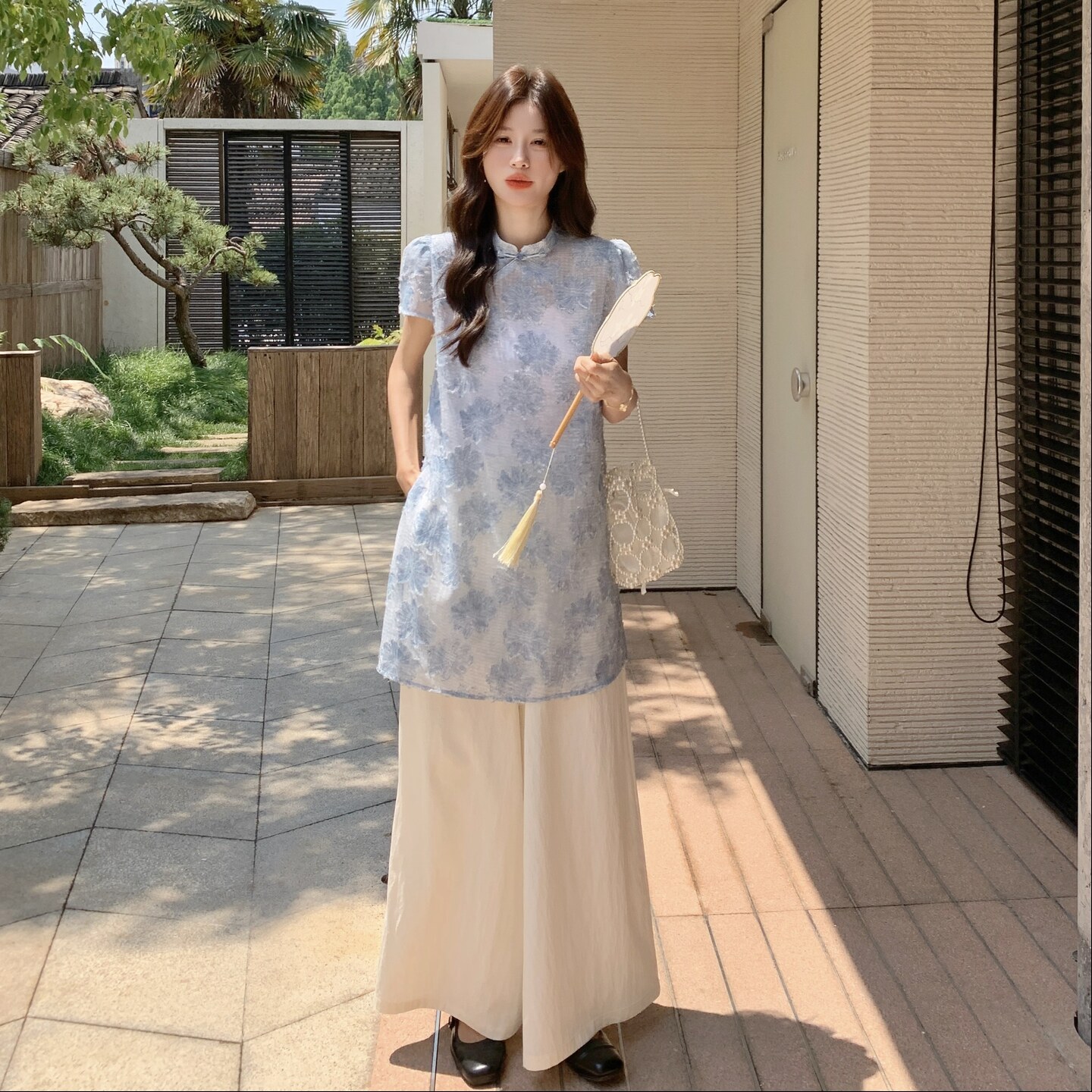 新中式国风气质蕾丝上衣阔腿裤套装女夏2025新款超好看两件套甜美,女装套装/套裙,2C135