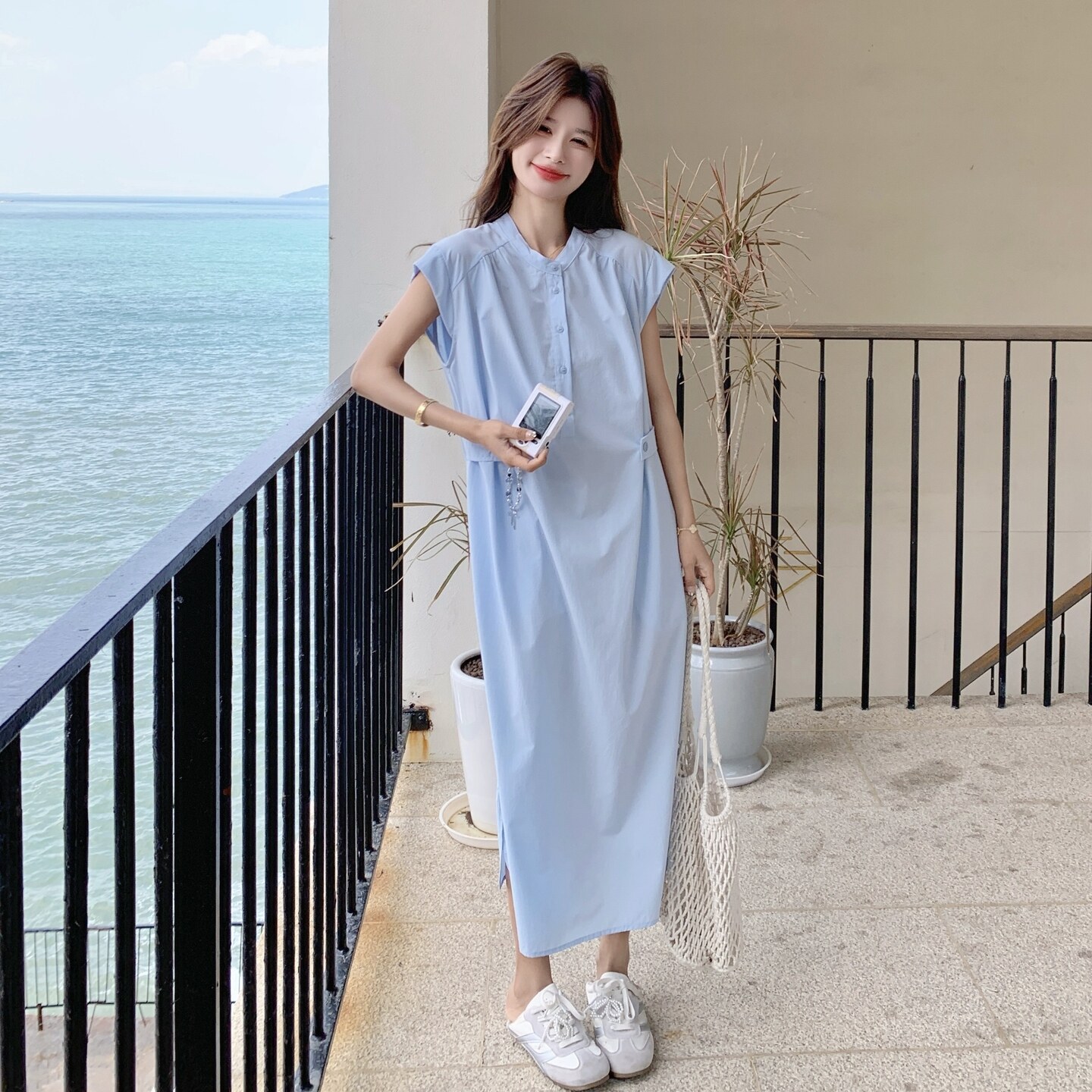 天蓝色设计感衬衫连衣裙女夏2025新款韩系气质减龄中长款收腰长裙,女装连衣裙,2C166